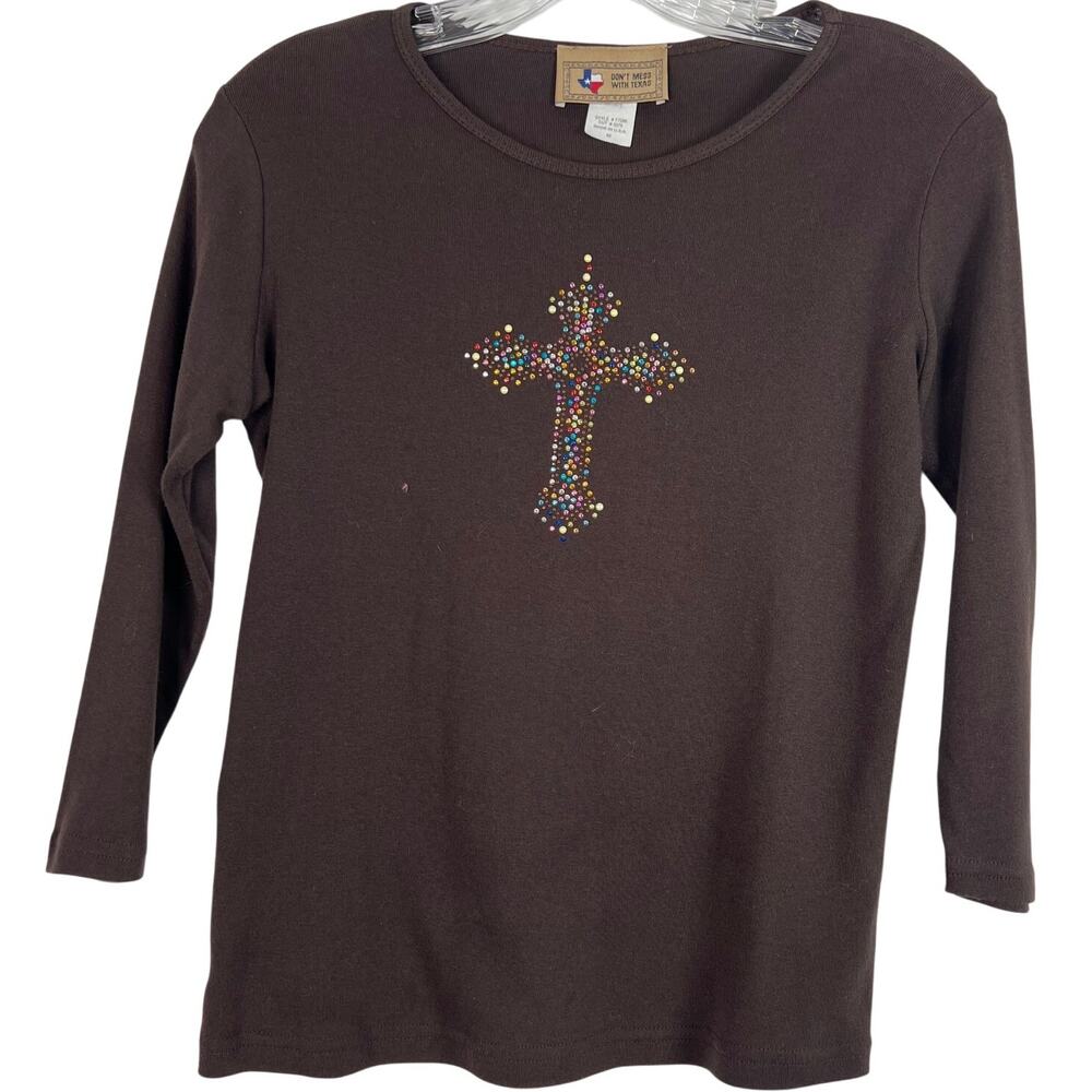 Embellished Multicolor Cross Western Cowgirl Top Brown Long Sleeves Boho Size M